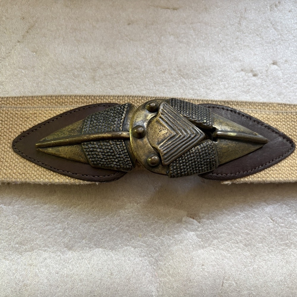 Vintage Omega Elastic Statement Belt Women M Beige Canvas Leather Trim Buckle - Picture 2 of 7